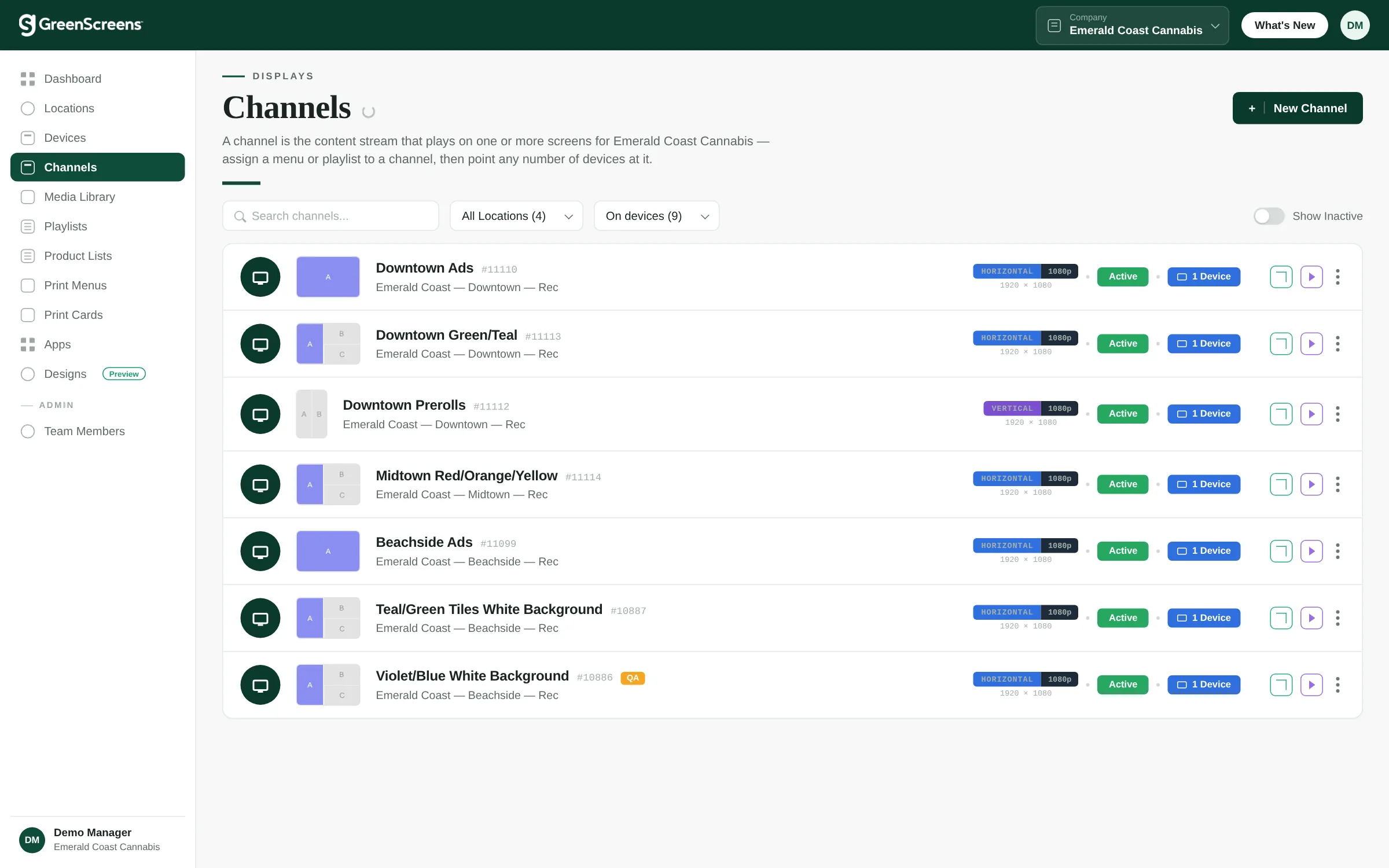 GreenScreens Channels dashboard — the content streams playing on each dispensary screen, with layout previews, orientation and resolution badges, live status, and assigned devices per location.