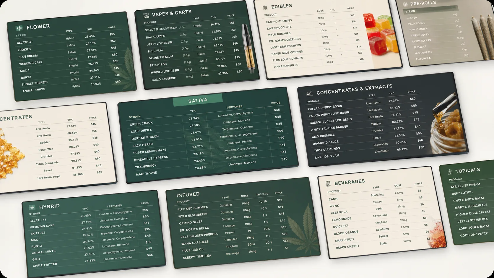 A collage of live GreenScreens cannabis menu boards — flower, vapes & carts, edibles, concentrates, and pre-rolls with strain names, THC, and pricing.